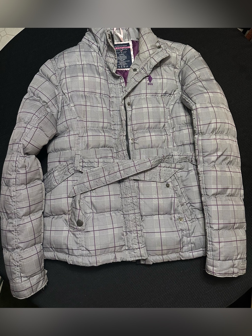 U.S. Polo Assn. Gray Plaid Puffer Jacket with Purple Trim